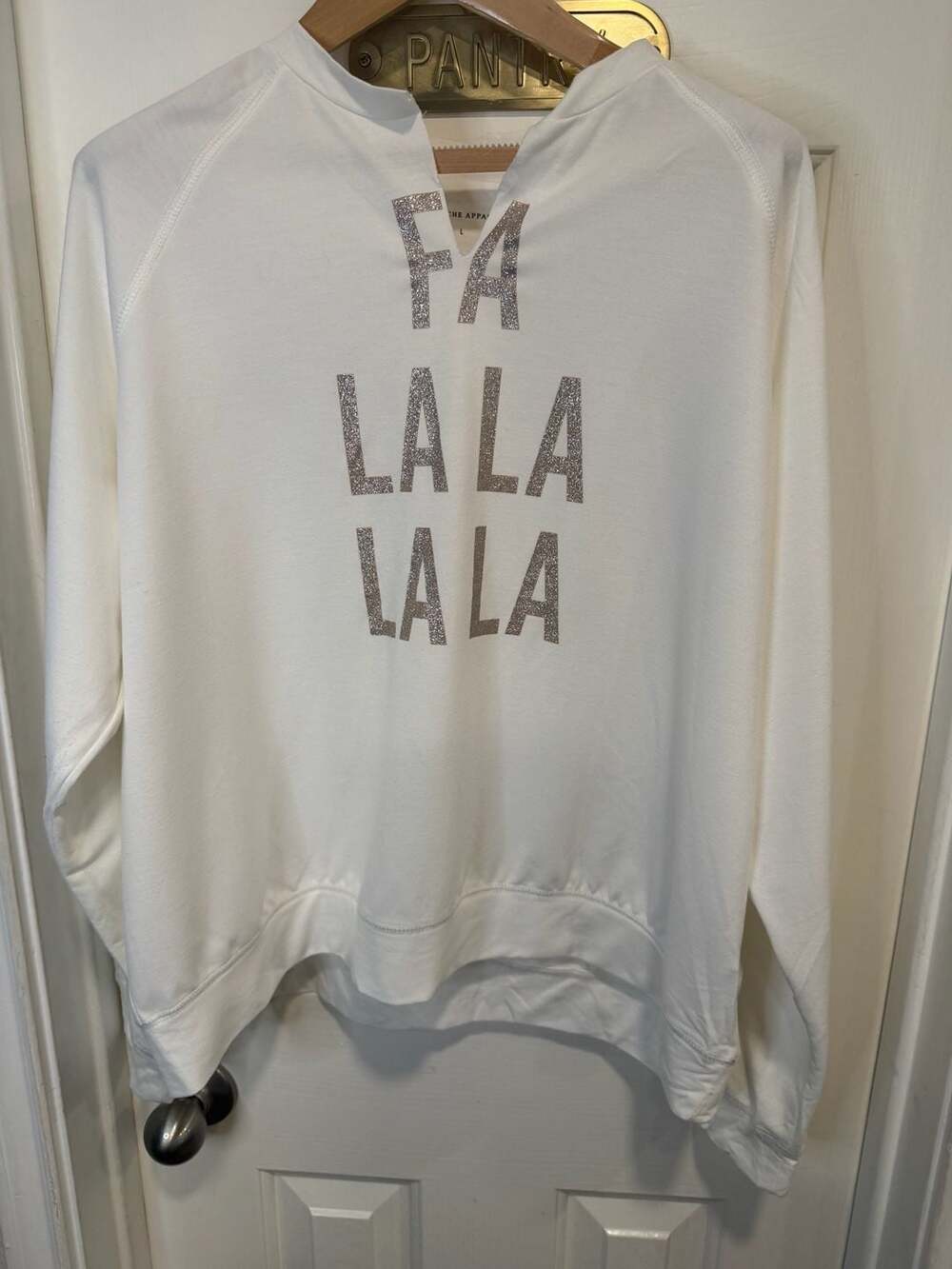 Panache Apparel Women’s L White Fa La La Christmas Glitter Long Sleeve Top